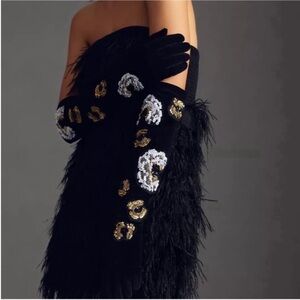 Anthropologie Black Gloves with Gold and White Embellishments